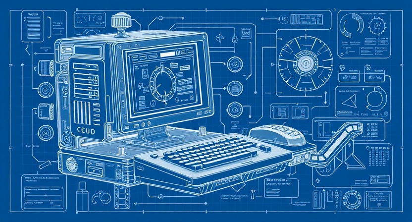 illustration : the blueprint a and old computer